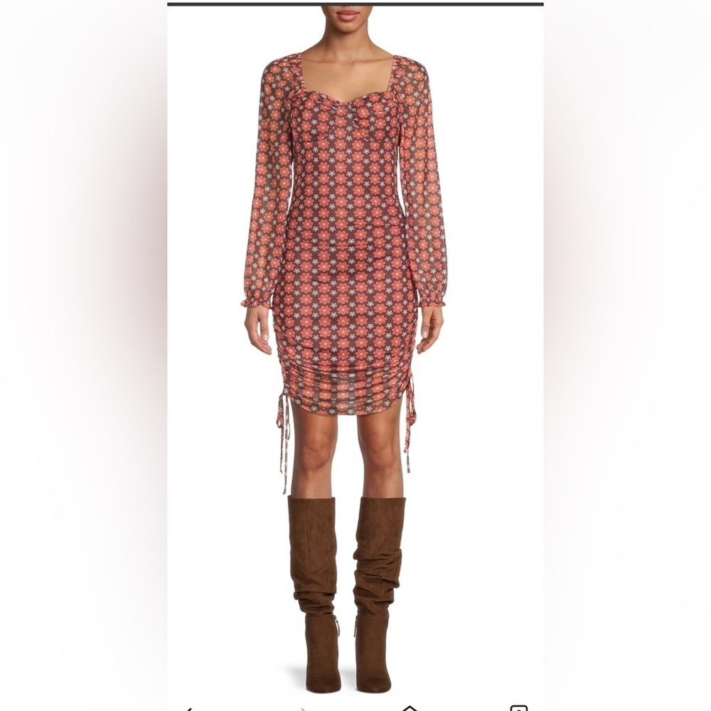 MADDEN NYC BROWN FLOWER PRINT CASUAL DRESSY RUCHED BODYCON DRESS NWT SZ XS - Picture 2 of 6